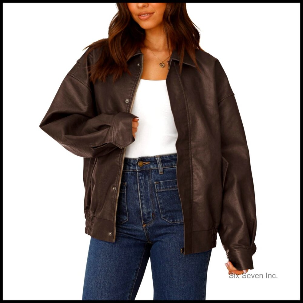 Oversized Faux Leather Motorcycle Jacket Loose Fit Zip Up Winter Coat